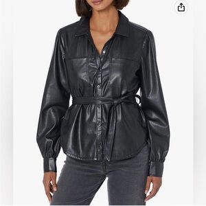 PAIGE Black Vegan Leather Belted Shirt L